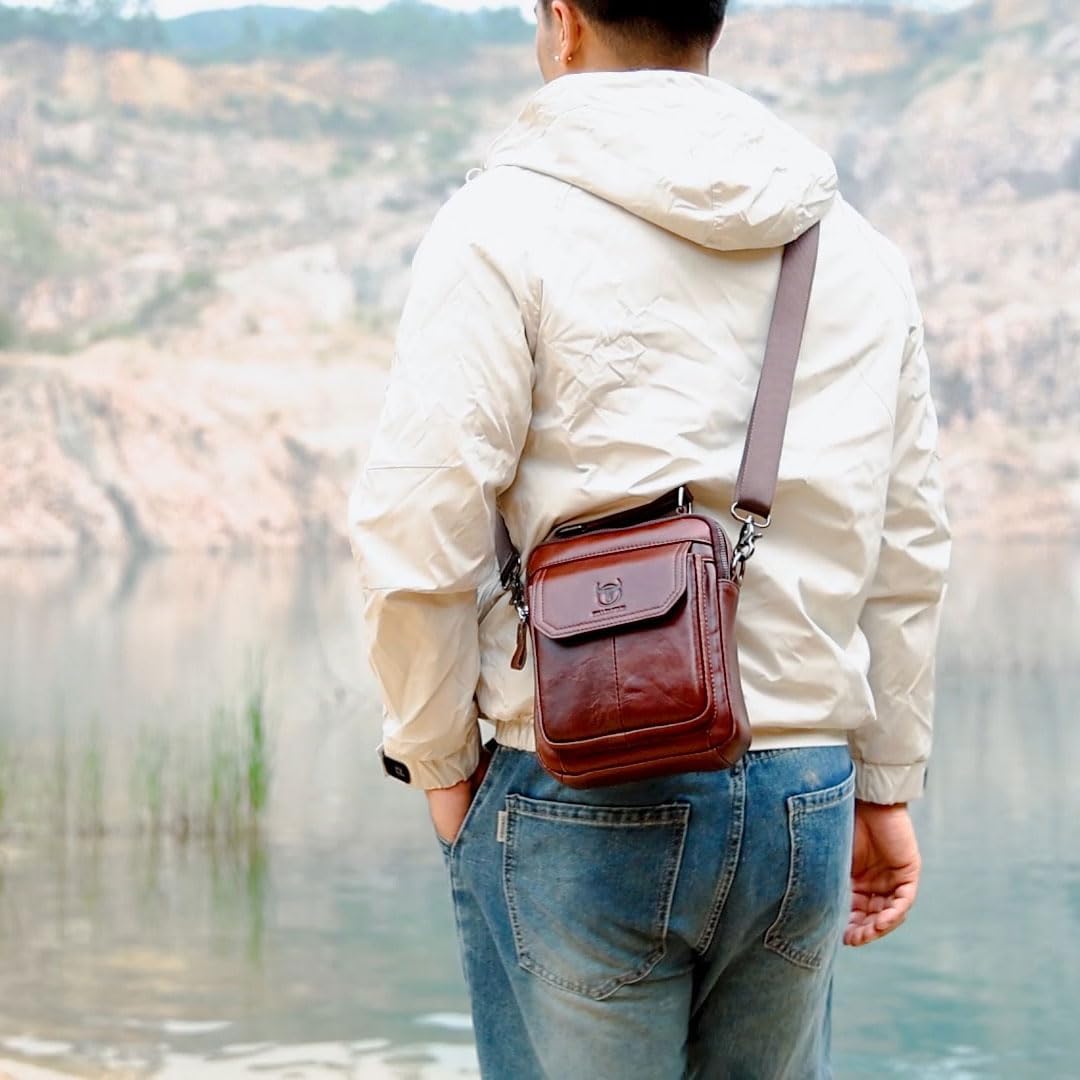 Leather Shoulder Bag for Men Casual Crossbody Bag Travel Vintage Messenger Bag Multi-function