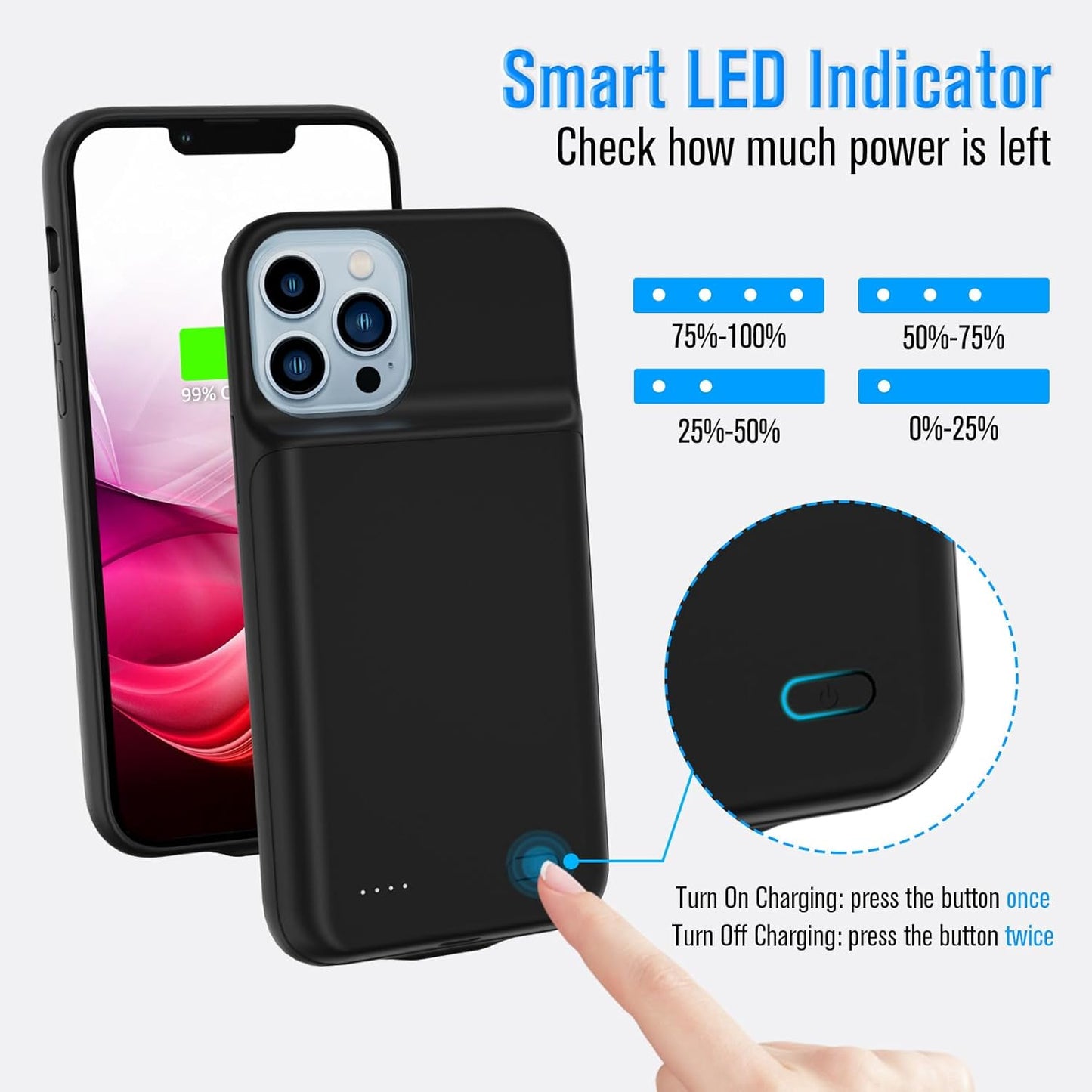 Gladgogo Charging Case for iPhone 13 Pro Max, Real 6000mAh Ultra Slim Powerful Battery Case Charger Portable External Lightweight Smart Battery Pack Compatible with iPhone 13 Pro Max, 6.7 inch, Black