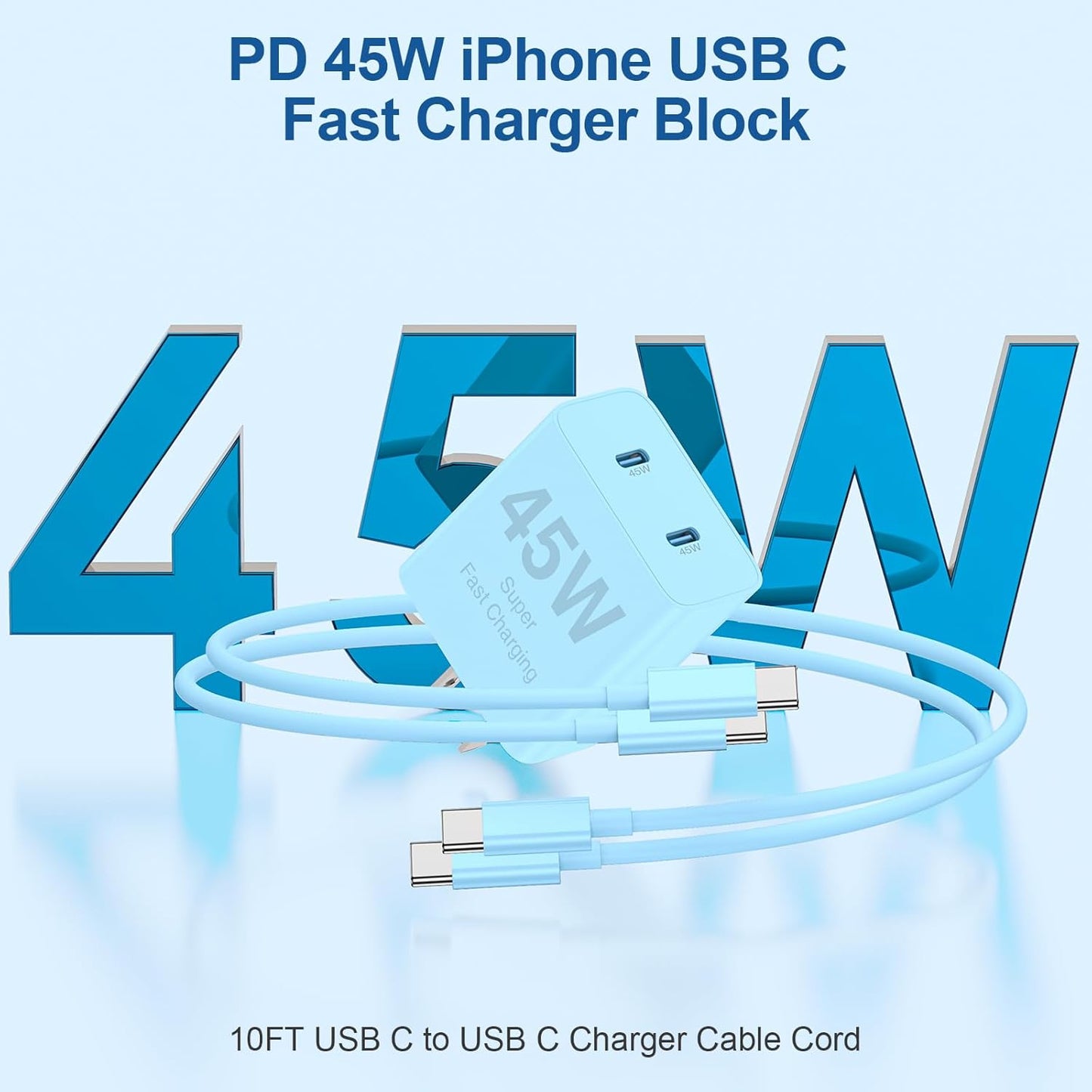 45W Dual Port iPhone 17 16 15 Charger Fast Charging and 6ft 10ft Type C to C Cable Cord Long, USB C Wall Block Plug for Apple iPhone 17 Pro Max/17 Air/16 Pro Max/16/15 Plus/15 Mini/iPad Cube Brick Box