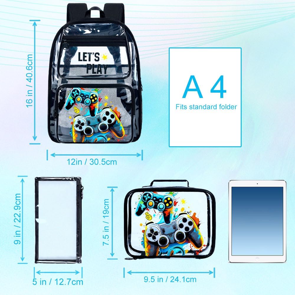 UFNDC 3PCS Clear Backpack for Girls and Boys, Unicorn Cat Transparent Bookbag, See Through School Bag for Kids Elementary