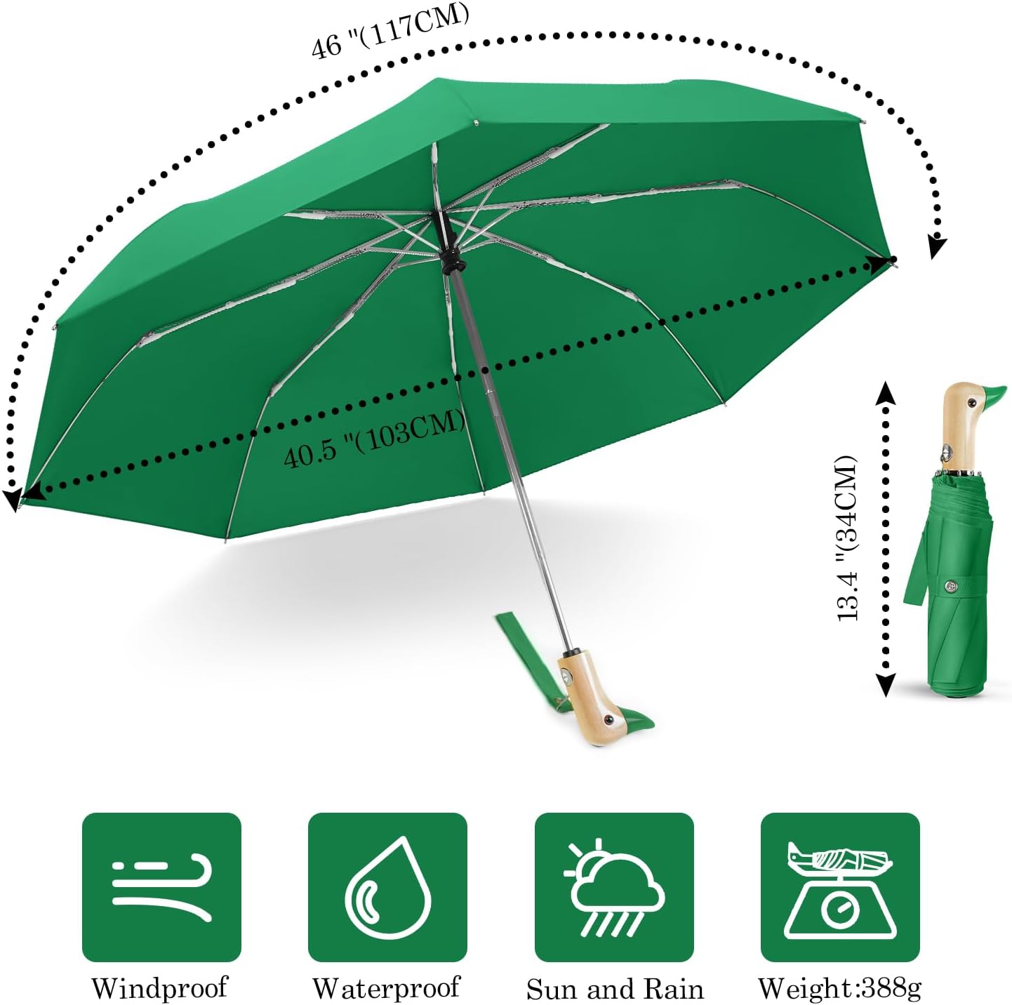 Cute Duck Umbrella Automatic - Compact Pretty Pocket Size Strong Duck Collapsible Umbrella Yellow