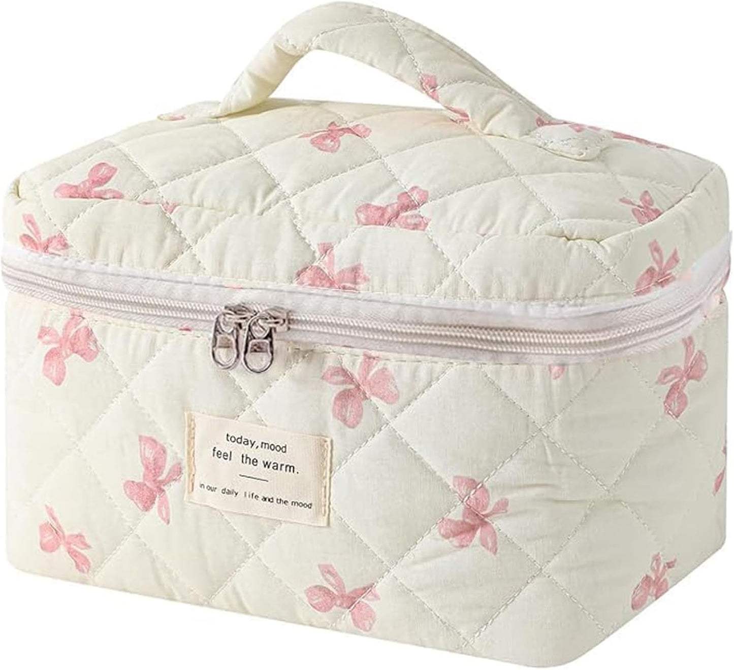 Quilted Makeup Bag, Large Makeup Bag, Cute Cosmetic Bag for Women Girls, Floral Coquette Aesthetic Travel Toiletry Make Up Organizer Bag-White Bow
