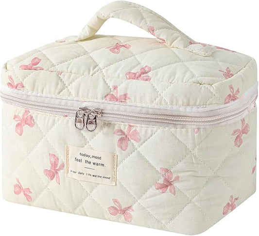 Quilted Makeup Bag, Large Makeup Bag, Cute Cosmetic Bag for Women Girls, Floral Coquette Aesthetic Travel Toiletry Make Up Organizer Bag-White Bow