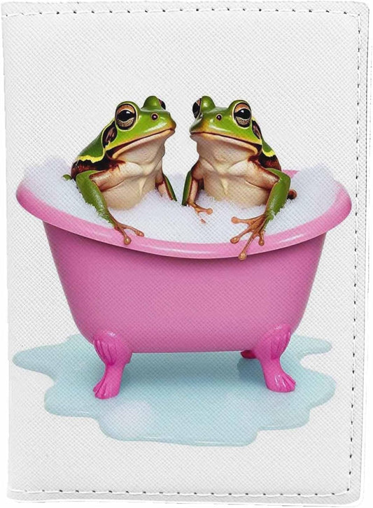 Pet Frogs Passport Holder for Travel Enjoy Soapy Bubblebath Bright Pink Bathtub PU Leather Passport Cover Wallet Cute Passport Card Holder for Women and Men