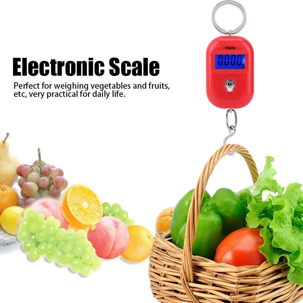 Mini Electronic Scale, Fish Weighing Scales Red Portable 25Kg/5G Hanging Scale Digital Pocket Key Chain Weight Hook Kitchen Food Weight Gauge Measuring Tools with Backlight for Home Farm Market