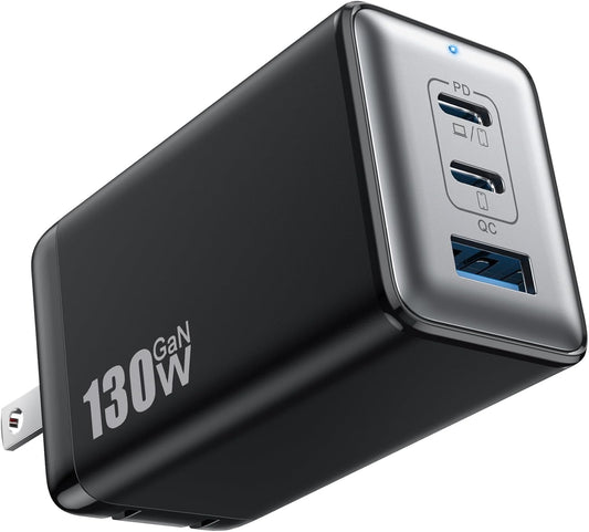 130W USB C Wall Charger,GaN III 3-Port Fast Charging Station,PD QC Foldable Charger Block Portable 65W USB C Laptop Adapter for MacBook Pro/Air,iPad Pro,Galaxy S23,Dell XPS 13,iPhone 17