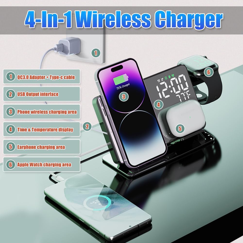 4-in-1 Wireless Charging Station for Apple Devices, 18W Fast Charge Wireless Charger Alarm Clock and Temperature Display, Wireless Charger Stand for iPhone 16 15 14 13 12, Apple Watch