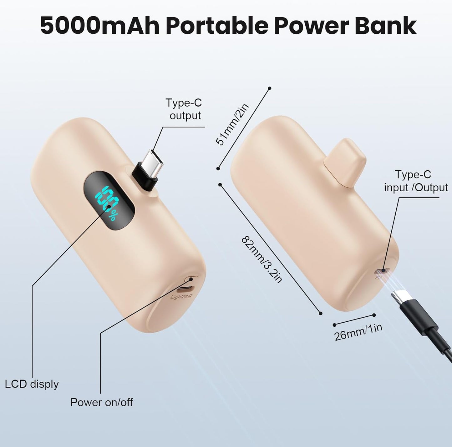 Mini Portable Charger USB C Power Bank,Upgraded 5000mAh PD Fast Charging Battery Pack Built-in USB-C Connector Travel Essential for iPhone17/17Pro/17Pro Max/Air/16 Plus/16Pro Max/15 Series,Android etc
