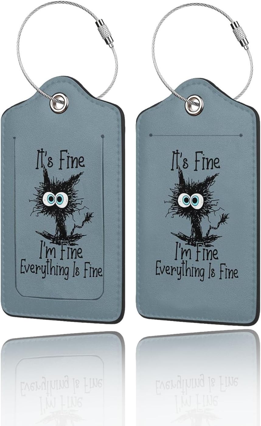 2 Pack Luggage Tags for Suitcase, Privacy Cover ID Label with Stainless Steel and Address Card for Travel Bag Backpack Cruise Ship Essentials Tag Women Men - I'm Fine Funny Cat