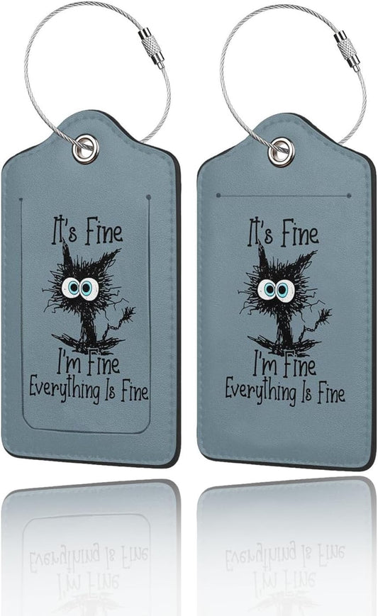 2 Pack Luggage Tags for Suitcase, Privacy Cover ID Label with Stainless Steel and Address Card for Travel Bag Backpack Cruise Ship Essentials Tag Women Men - I'm Fine Funny Cat