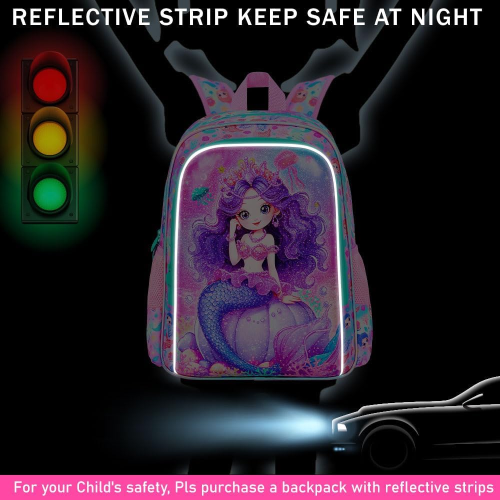 3Pcs Mermaid Backpack for Girls, 16" Kids Bookbag with Lunch Box, School Backpacks Set for Elementary Preschool Kindergarten(Pink)