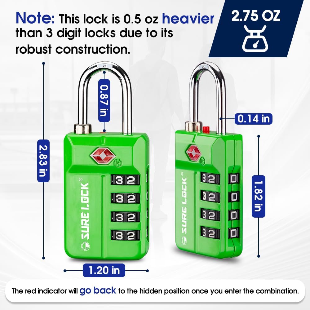 SURE LOCK TSA Approved 4-Digit Resettable Combination Luggage Lock with Open Alert, Easy-Read Dials - for Luggage, School Lockers, Gym, Office, Toolbox & Security Cases(Green 1 Pack)