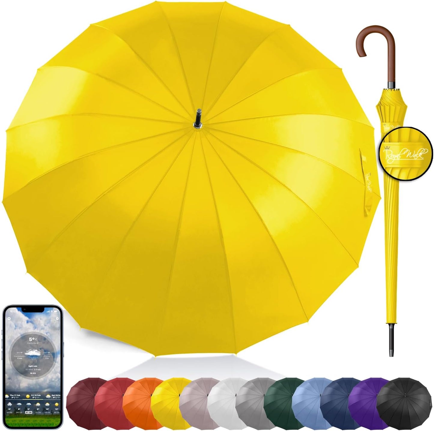 Royal Walk Windproof Large Umbrella for Rain 54 Inch Automatic Open for 2 Persons Wind Resistant Big Golf Umbrellas for Adult Men Women Classic Wooden Handle Fast Drying Strong 16 Ribs Travel 120cm