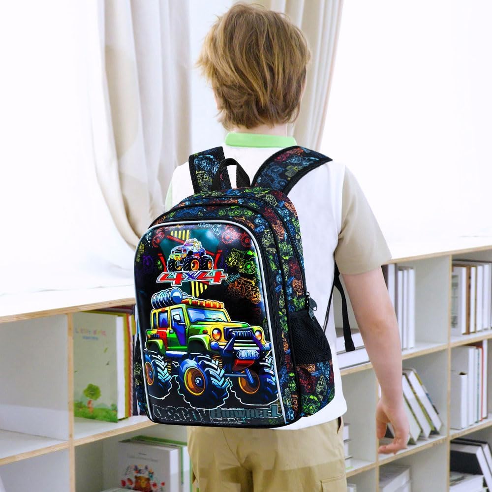 gxtvo 3PCS Boys Truck Backpack, 16" Kids Car Bookbag with Lunch Box, Water Resistant Elementary Preschool Toddler School Bag