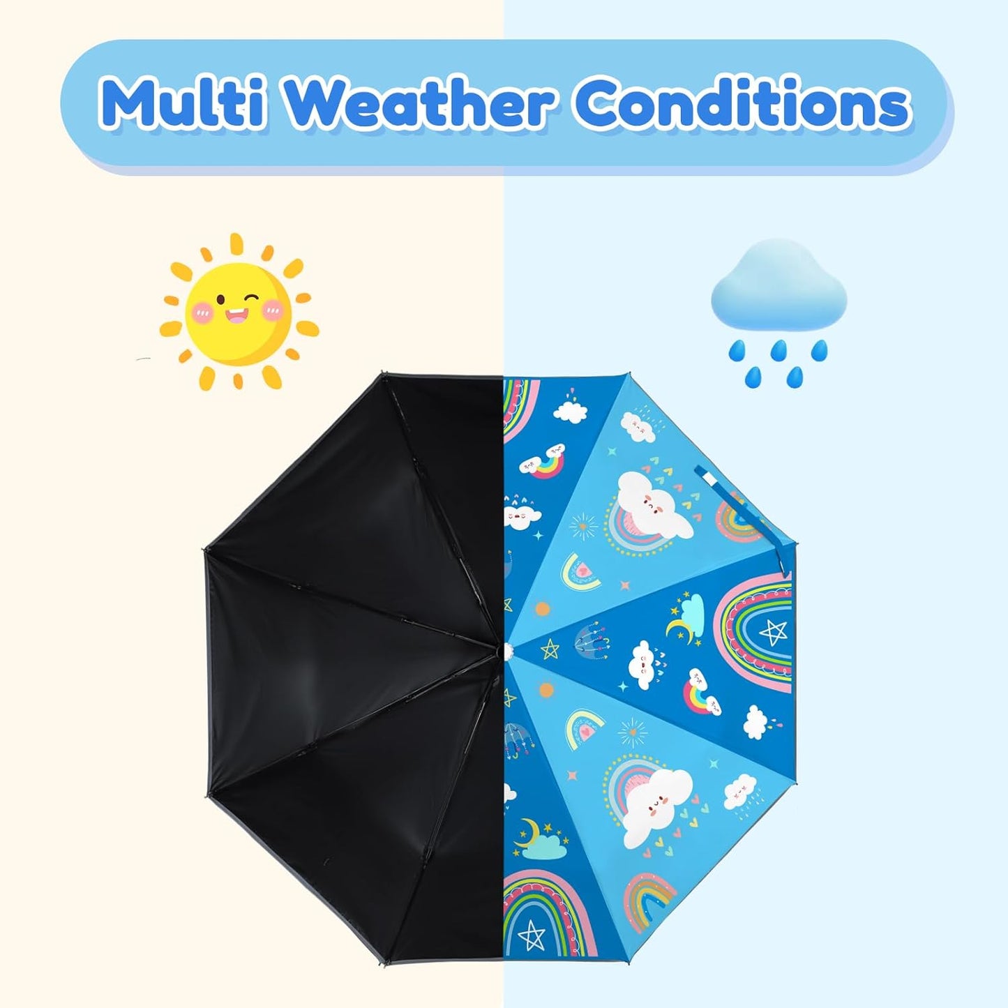 Autoamtic Kids Umbrella UV Resistant, Folding Compact Umbrella 360° Reflective Strip for Travel Outdoor, Lightweight Cute Kids Parasol Anti-rebound Safe for Toddler