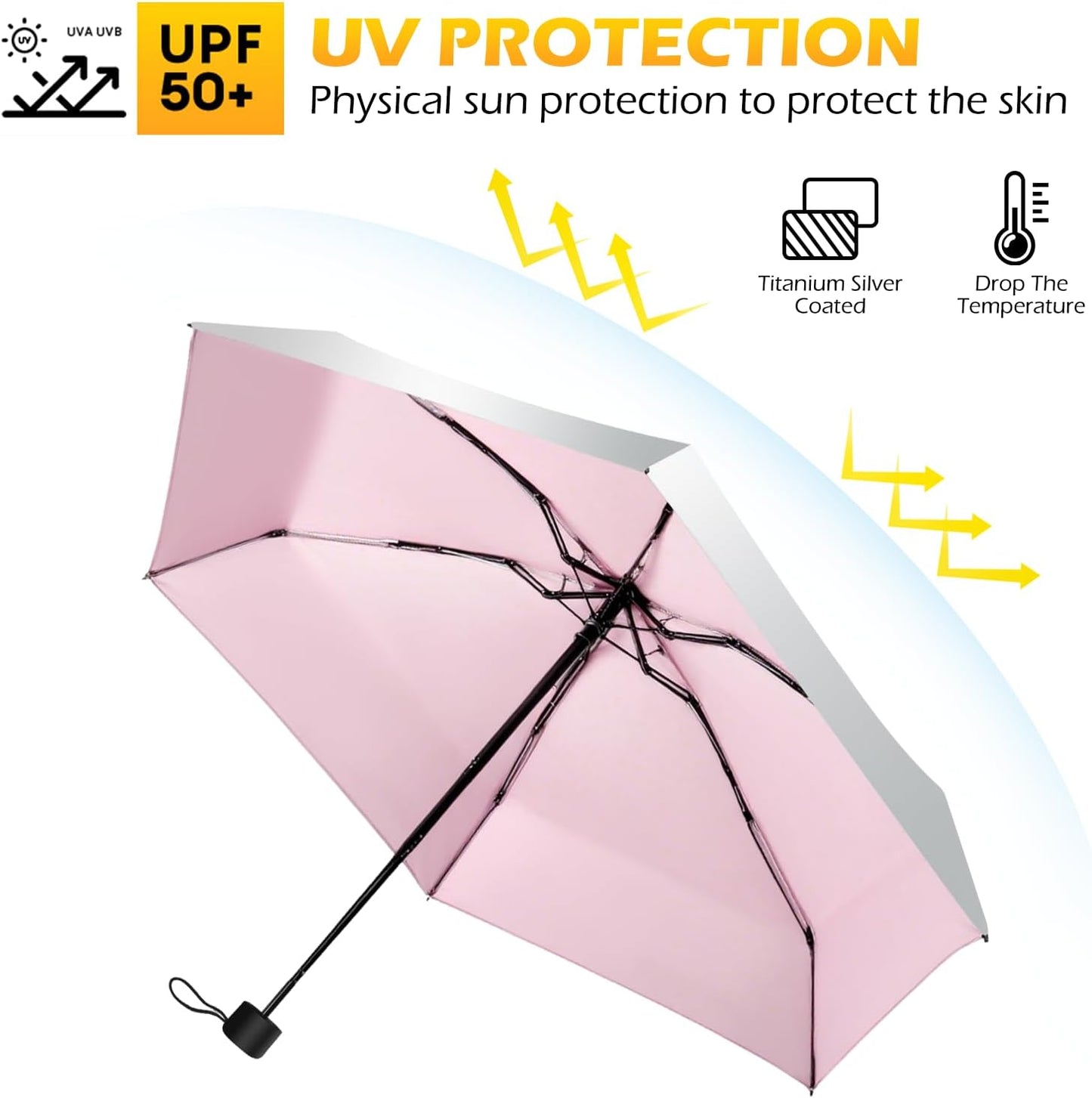Travel Mini UV Umbrella for Purse Handbag Backpack in Small Size Sun & Rain Protection Compact Lightweight Tiny Pocket Umbrella for Kids Women Men