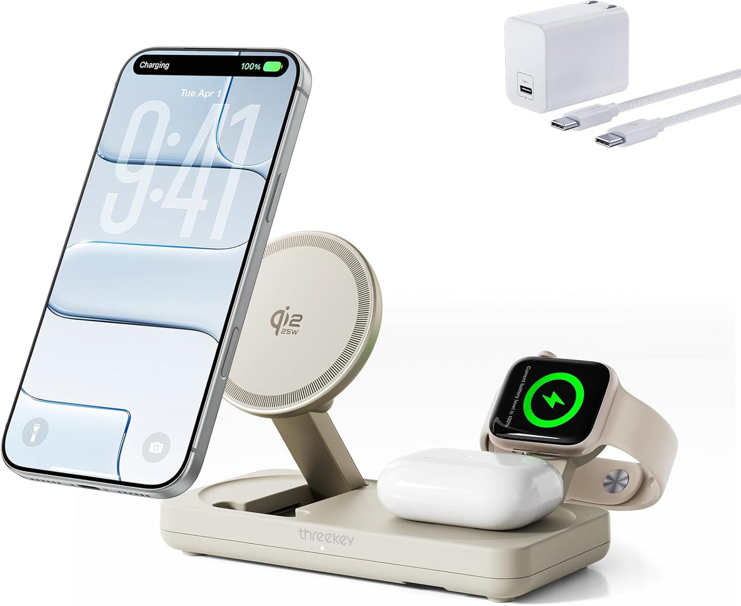 MFi Certified by Apple, THREEKEY 3-in-1 Charging Station, Qi2 25W Fast MagSafe Charger, Wireless Charger Stand for iPhone 12-17 Series, Apple Watch & AirPods, Pixel 10 Pro XL(45W Adapter Included)