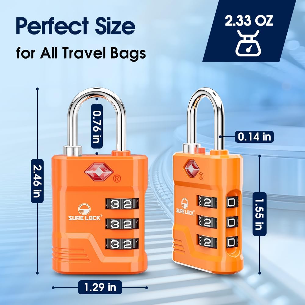 SURE LOCK TSA Locks for Luggage, TSA Approved Luggage Locks with Open Alert, 008 Key for High Security, Easy Read Dials, Zinc Alloy Body, Locker Lock for Suitcase, Gym, Travel. (Orange 4 pk)