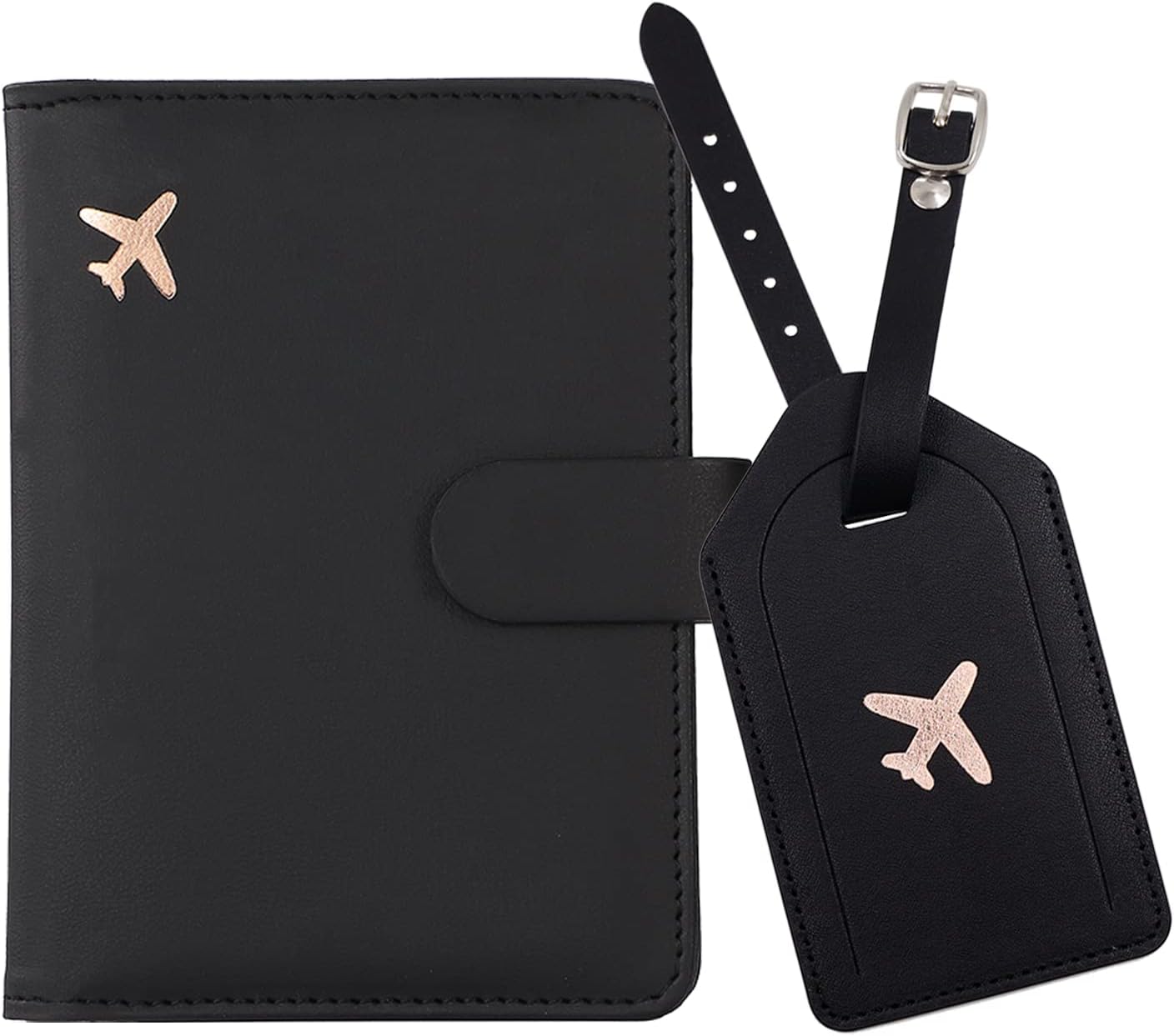 Real Leather Wallet RFID Passport Holder with Suitcase Tag Set Card Slots (Black)