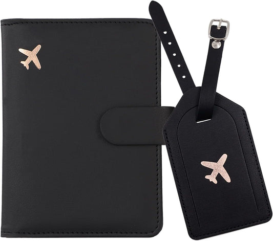 Real Leather Wallet RFID Passport Holder with Suitcase Tag Set Card Slots (Black)