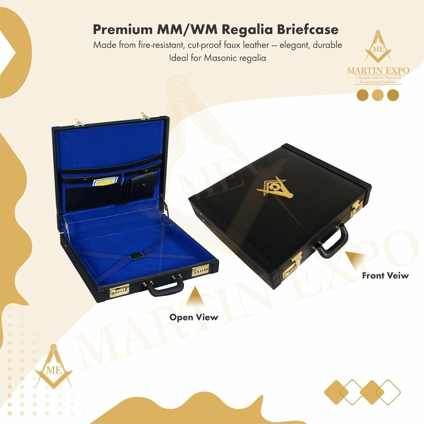 Masonic MM/WM Apron Hard Briefcase, Square Compass G Emblem – Freemason Bags & Cases 17.5'' 15.5'' 3'' (Inches)