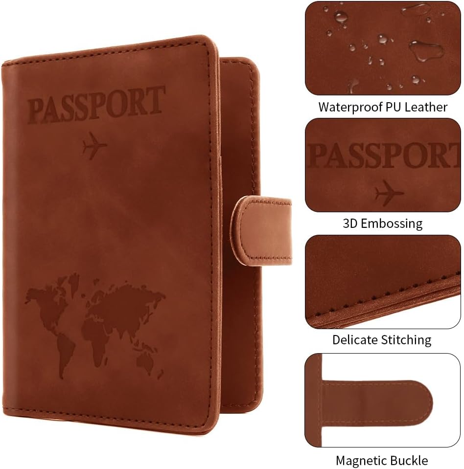 Passport Holder for Travel, Passport Cover Wallet, Premium PU Leather Passport Book Card Holder Case for Women Men, Waterproof RFID Blocking Flying Travelling Essentials Vacation Must Haves, Brown