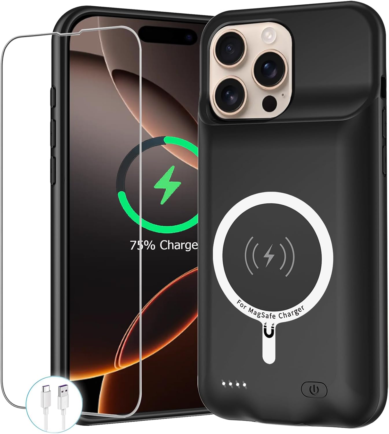 Battery Case for iPhone 16 Pro Max, 12000mAh Protective Charging Case with Wireless Charging Compatible with iPhone 16 Pro Max (6.9 inch) Rechargeable Battery Pack Charger Cover with Carplay (Black)