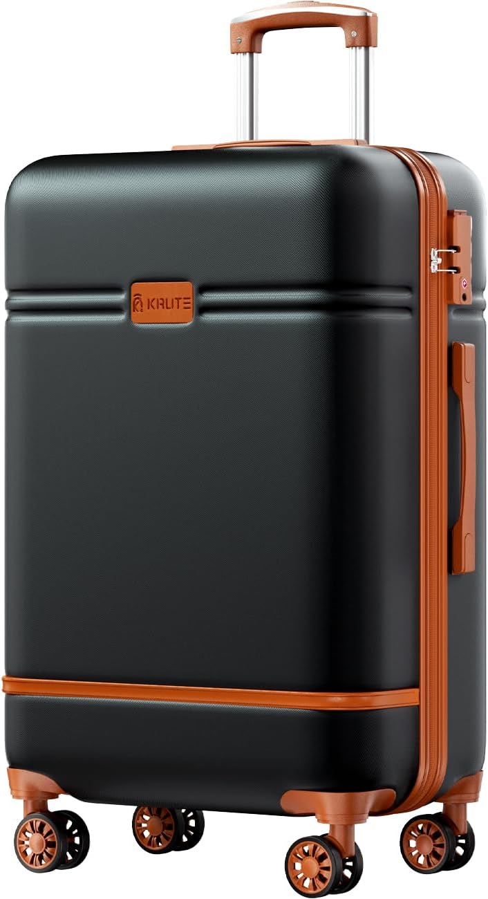 Krute Checked Luggage 24 inch Suitcases with Wheels TSA Approved PC+ABS Lightweight Hard Side Suitcase (BlackBrown)