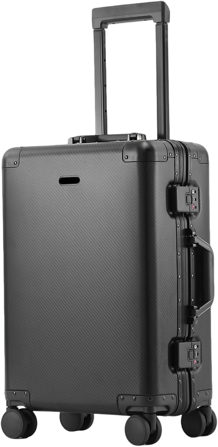 Tmore Aluminum Frame Luggage with No Need to Check in, Hardside Suitcase with Spinner Wheels, Metal Travel Luggage with Double Tsa Locks, 20 Inch, Black Small