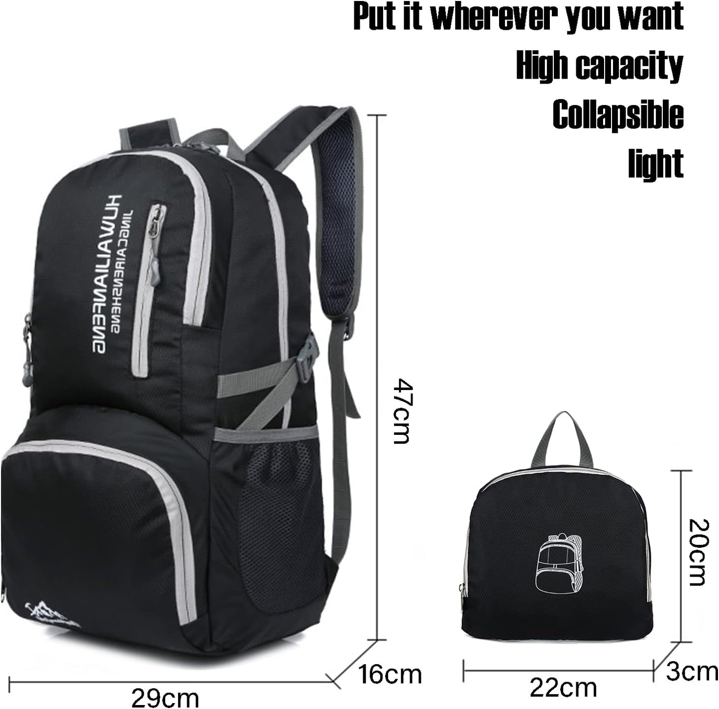 Hiking knapsack,30l sporty lightweight folding waterproof ultralight knapsack for outdoor camping picnic hiking with waterproof rain (black)