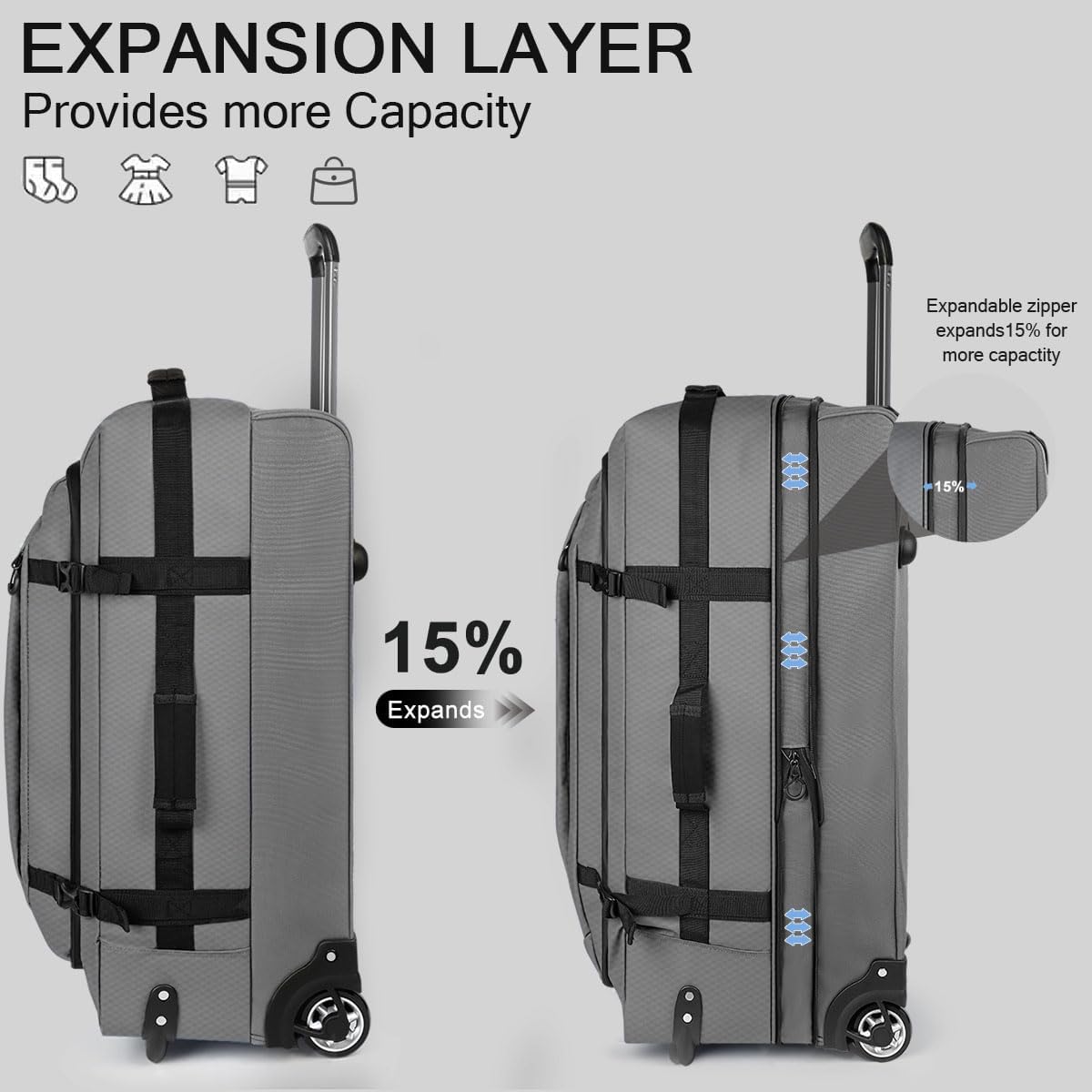 30'' Expandable Rolling Duffle Bag with Wheels,Expandable For Up to 15% More Space,Rolling Duffle Bag w/Handle,Carry on Luggage Travel Duffle Bags for Man Women#Grey