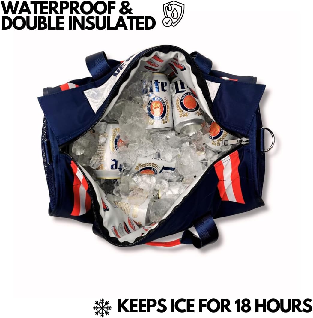 Varsity Cooler New England Travel Party Duffel & Cooler – 30 Can Leakproof Insulated Tote Bag, Waterproof Soft compartment for Tailgating, Golf, Beach, Carry-On Luggage, Outdoor Sports
