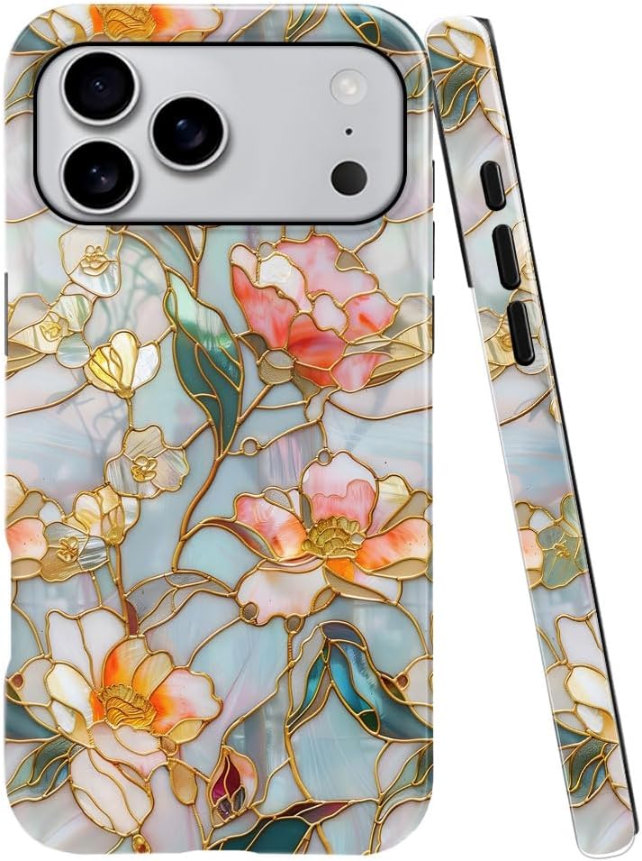 Case for iPhone 17 Pro Max - Slim Fit Anti-Scratch Phone Case for Girl Women - Stained Glass Aesthetic Flowers (Glossy)