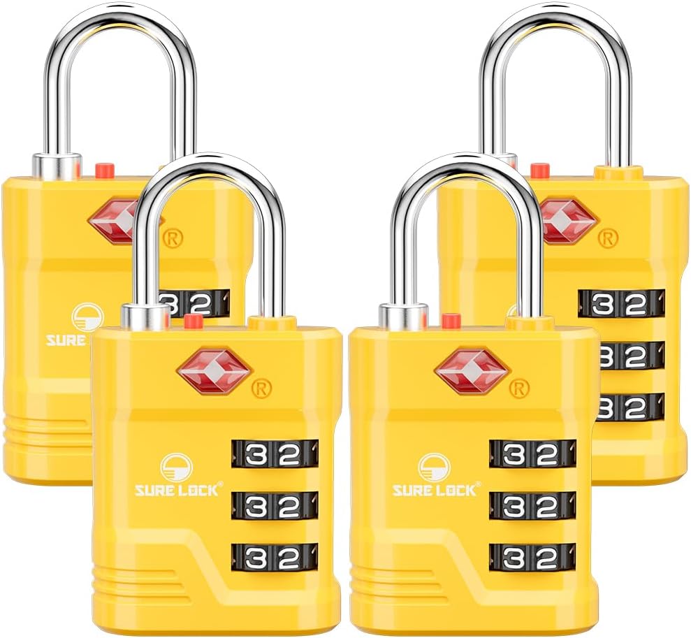 SURE LOCK TSA Locks for Luggage, TSA Approved Luggage Locks with Open Alert, 008 Key for High Security, Easy Read Dials, Zinc Alloy Body, Locker Lock for Suitcase, Gym, Travel(Yellow 4 pk)