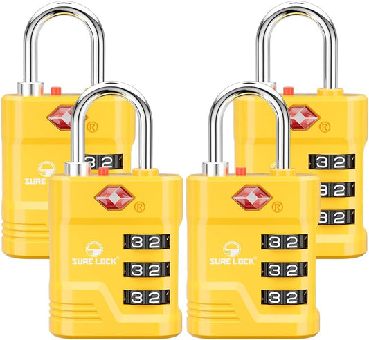 SURE LOCK TSA Locks for Luggage, TSA Approved Luggage Locks with Open Alert, 008 Key for High Security, Easy Read Dials, Zinc Alloy Body, Locker Lock for Suitcase, Gym, Travel(Yellow 4 pk)