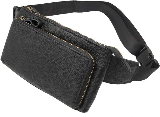 Hebetag Leather Waist Pack Fanny Bag for Men Women Outdoor Travel Sports Running Walking Hiking Hip Bum Belt Slim Cell Phone Purse Casual Waist Wallet Pouch (#02Black)