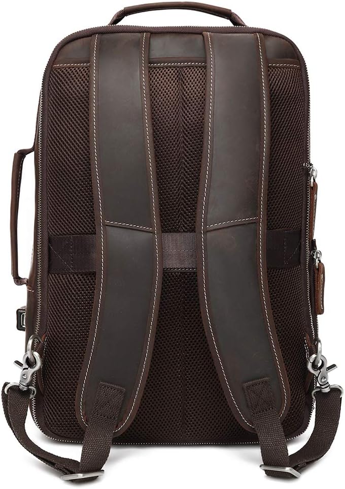 LANNSYNE Men's Full Grain Leather Expandable 15.6 Laptop Backpack Tote Shoulder Travel Bag Rucksack