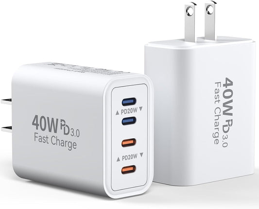 USB C Charger Block, 40W 4 Ports Type C Charger Fast Phone Charging Cubes USBC Plugs for Wall Outlet Brick Power Adapter Box for iPhone 16/15/14/13/12/11 Pro Max, iPad, Galaxy, Pixel, 2Pack