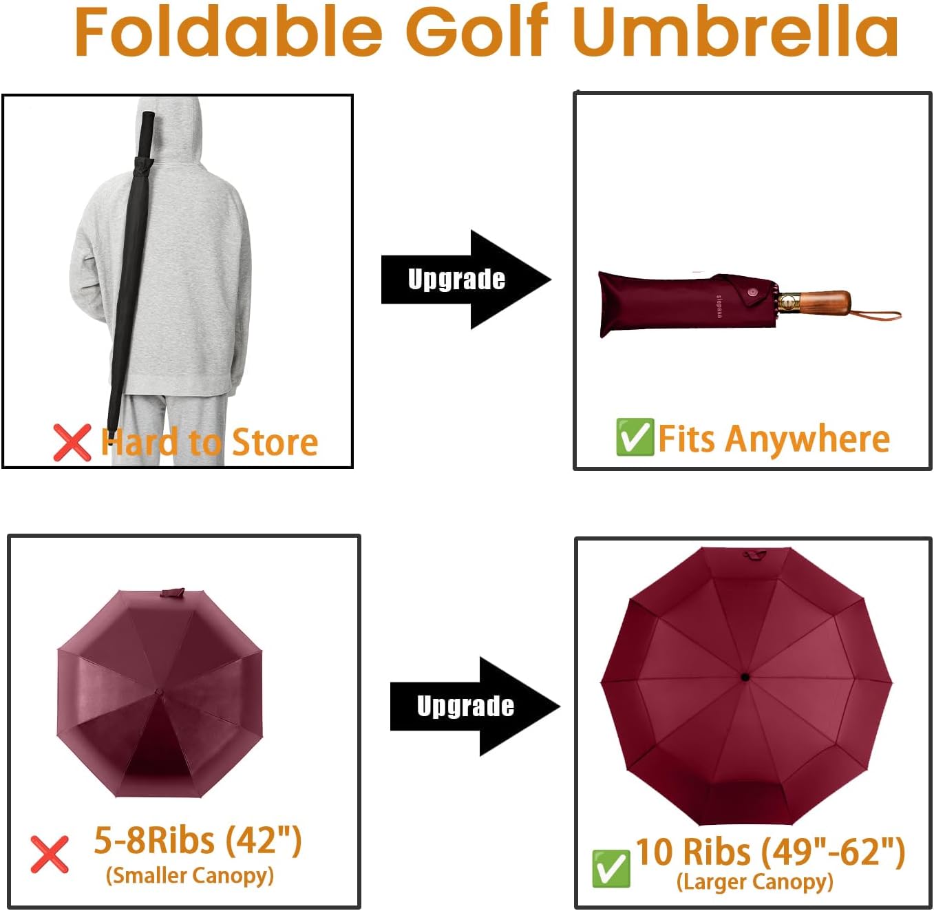 SIEPASA 49/54/62 Inch Windproof Golf Umbrella - Automatic Open/Close, Real Wood Handle - Large Folding Travel Umbrella for Wind, Rain & Sun Protection.