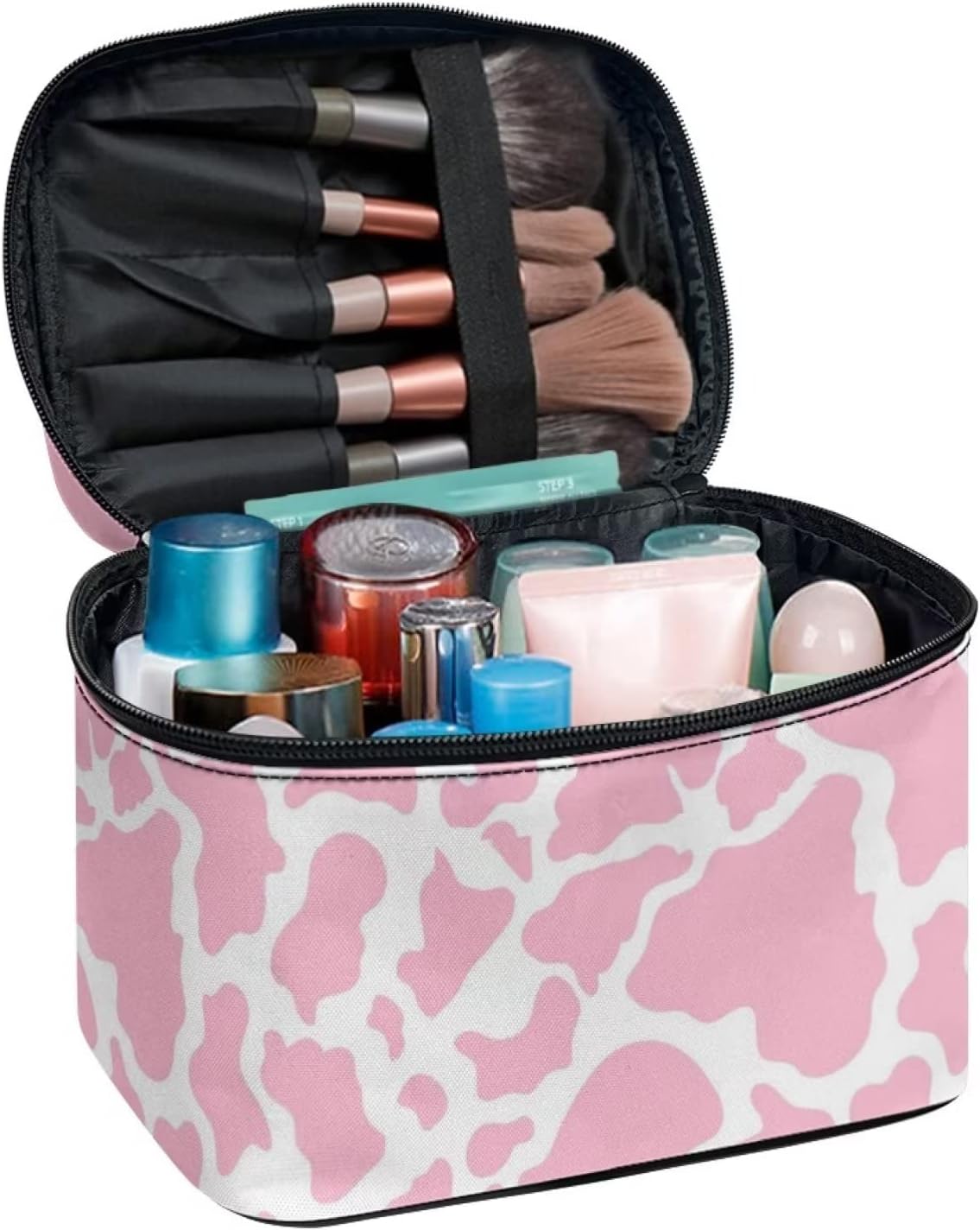 JoyLamoria Pink Cow Print Cosmetic Bag Portable Makeup Case Tote Pouch Accessories