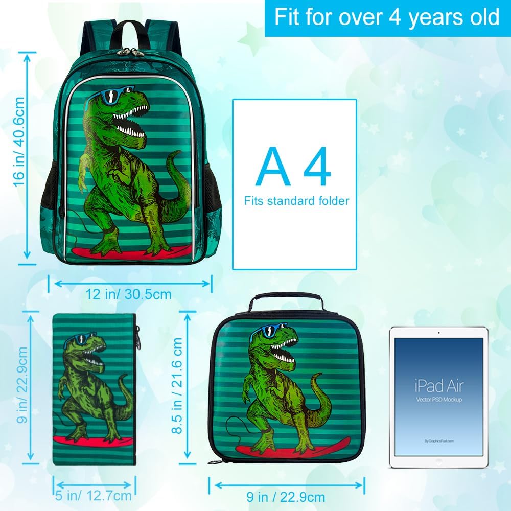 gxtvo 3PCS Kids Dinosaur Backpack for Boys, 16" Kids Bookbag with Lunch Box, Water Resistant School Bag for Elementary Prechool Toddler