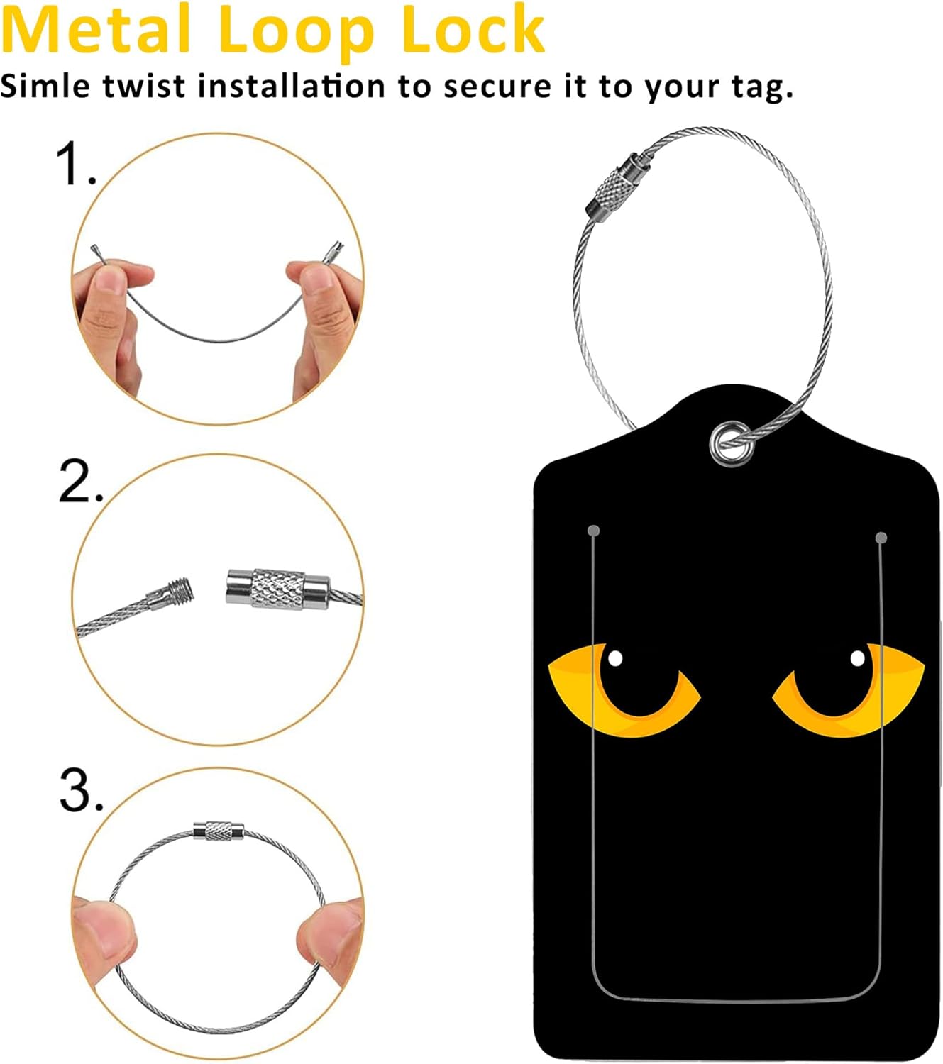 2 Pack Luggage Tag for Suitcase,Yellow Cat Eyes in Darkness PU Leather Suitcase Tags Identifiers