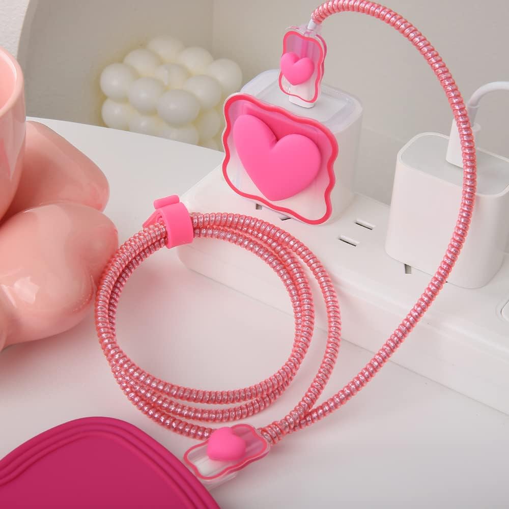 Compatible with iPhone 18W/20W USB-C Charger Cover Lovely 3D Love Heart Waves Clear Soft Charger Protector Cute Cable Saver for iPhone 11 12 13 14 Pro Max Fast Power Adapter, Rose 1 (5in1)