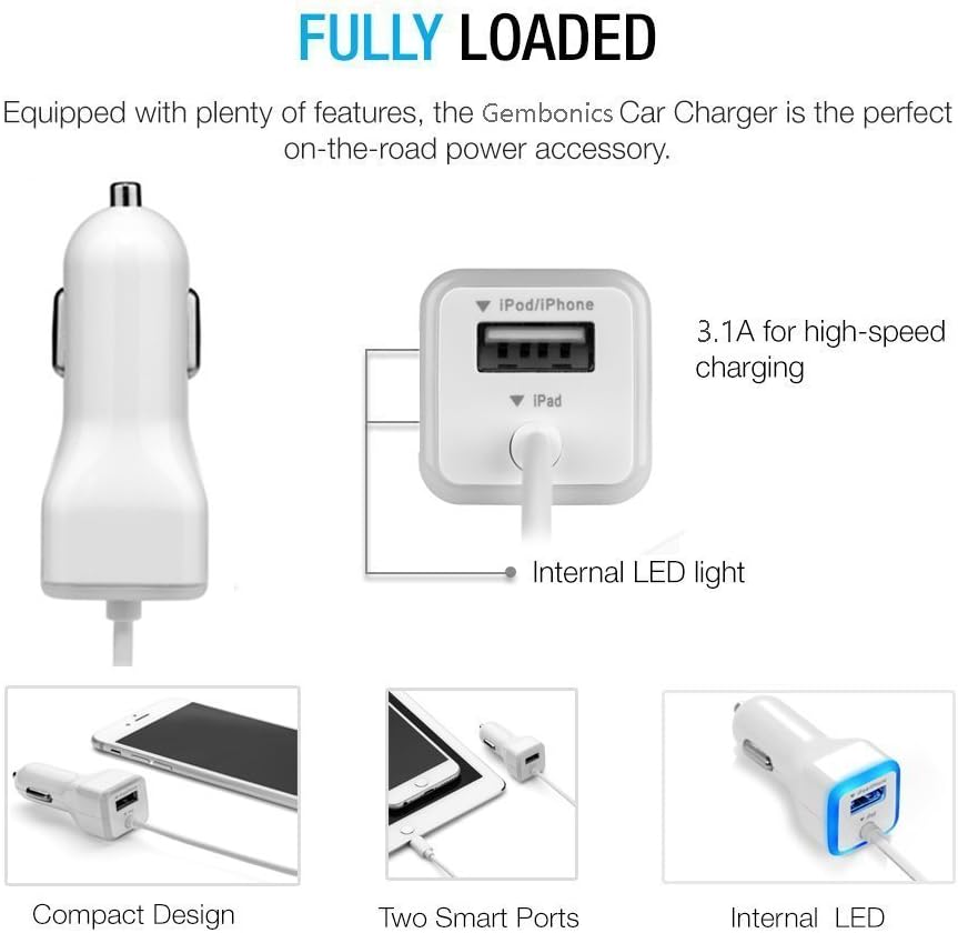 iPhone Car Charger, [Apple MFI Certified] Lighting Car Charger for iPhone 6S / 6S Plus, 6, 6 Plus, SE, 5, 5S, iPad Pro, Air 2, Mini 3 ,with Extra USB Port (White)
