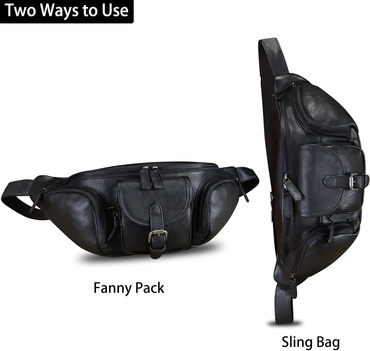 Genuine Leather Fanny Pack for Men and Women Real Leather Sling Bag Crossbody Bag Fashion Waist Bag Chest Purse (Black)