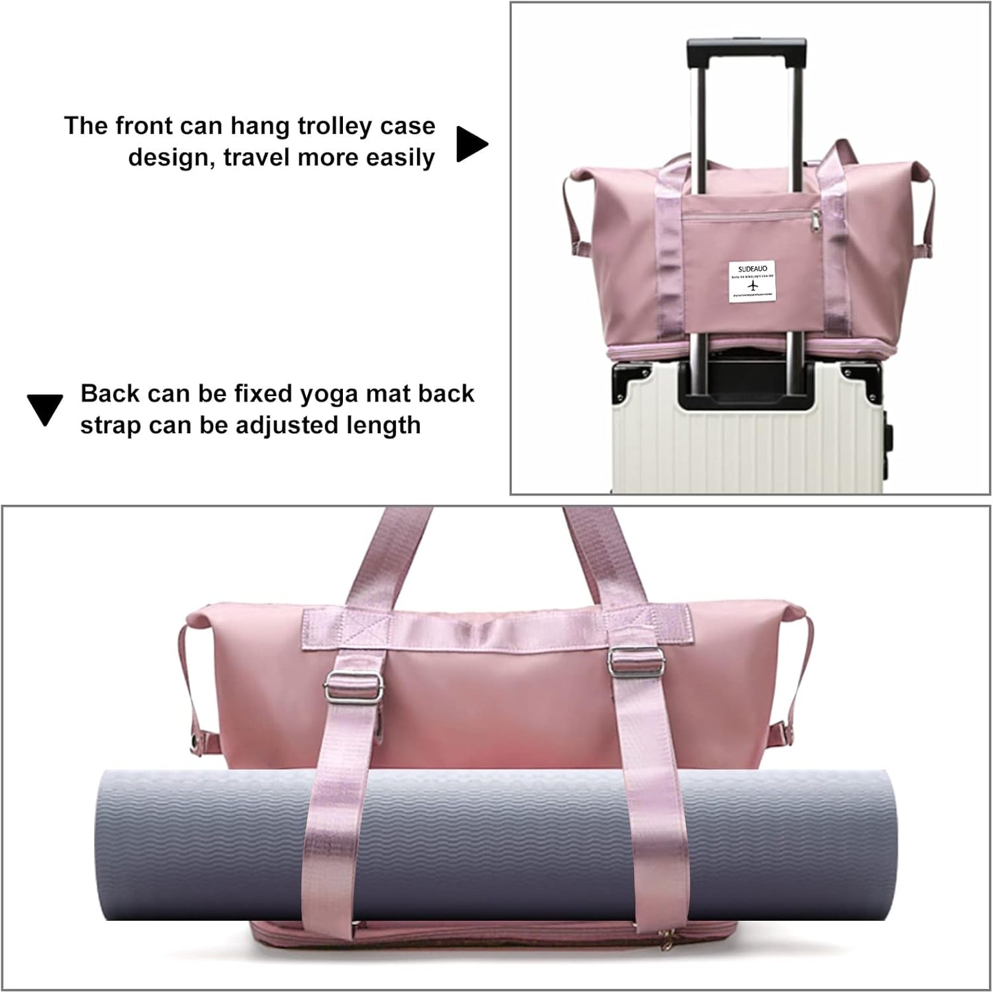 Large Capacity Folding Travel Tote Bag, Oxford Fabric Waterproof Lightweight Foldable Travel Duffel Bag, Portable Expandable Travel Bag, Dry and Wet Separation Carry On Bag for Airplanes (Pink-2)