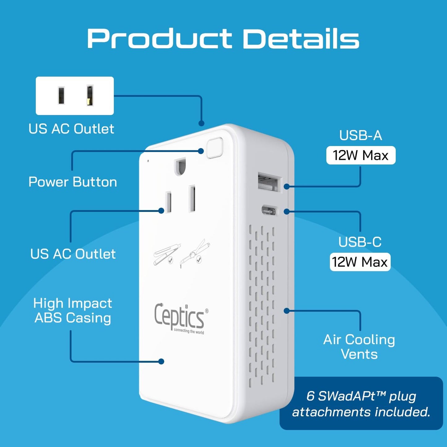 Ceptics Step Down Voltage Converter US to Europe - 200W Convert 220V to 110V for Curling Iron