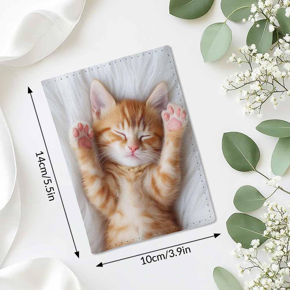 Little Kitten Passport Holder for Travel Cat Sleeps on Fur White Blanket PU Leather Passport Cover Wallet Cute Passport Card Holder for Women and Men
