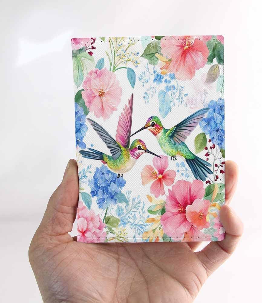 Hummingbird Passport Holder for Travel Watercolor Tropical Flowers and Bird PU Leather Passport Cover Wallet Cute Passport Card Holder for Women and Men