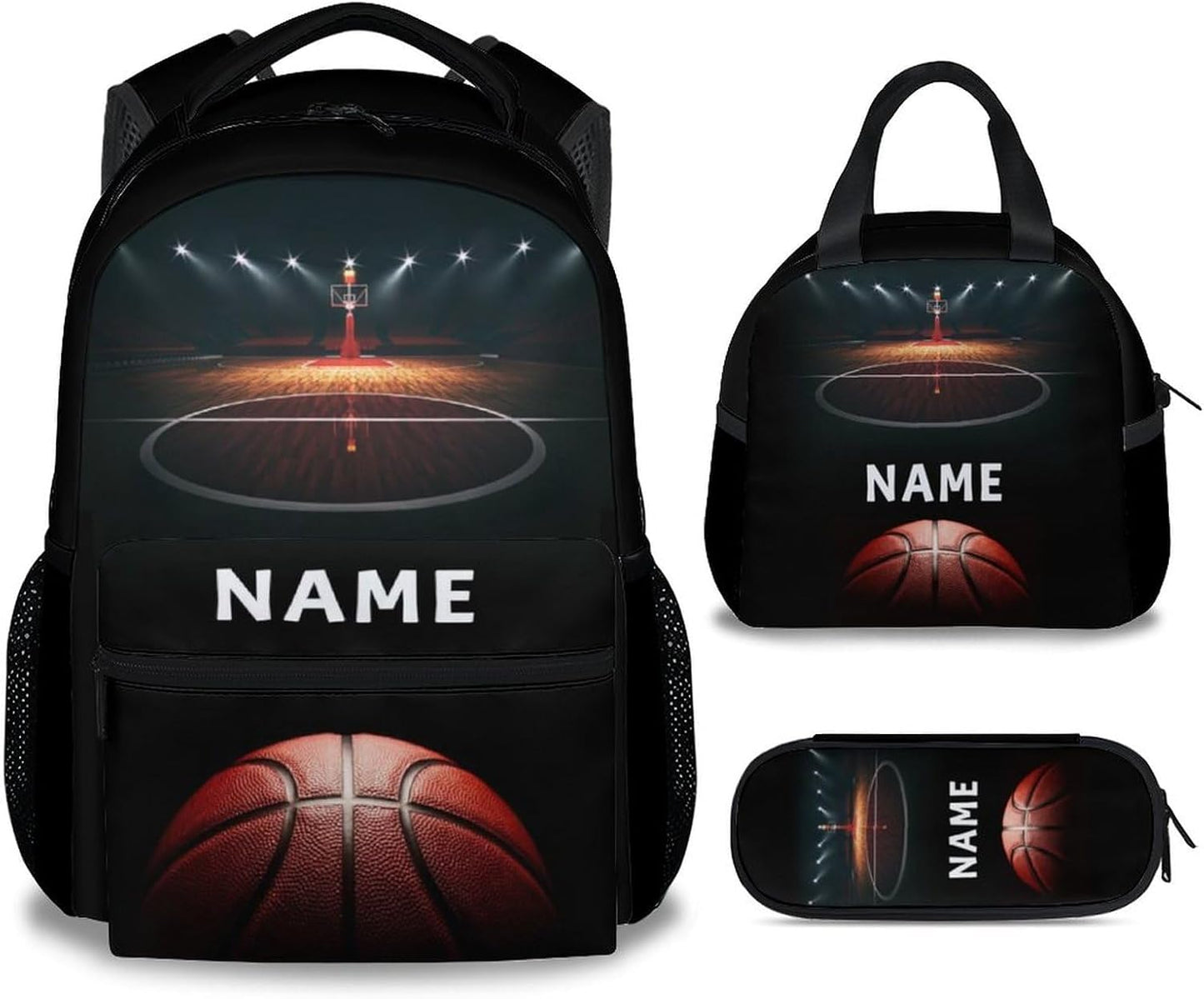 Mercuryelf Custom Basketball Backpack with Lunch Box And Pencil Case, Personalized Elementary Kindergarten School Preschool Bookbag for Boys Girls Kids, Set of 3
